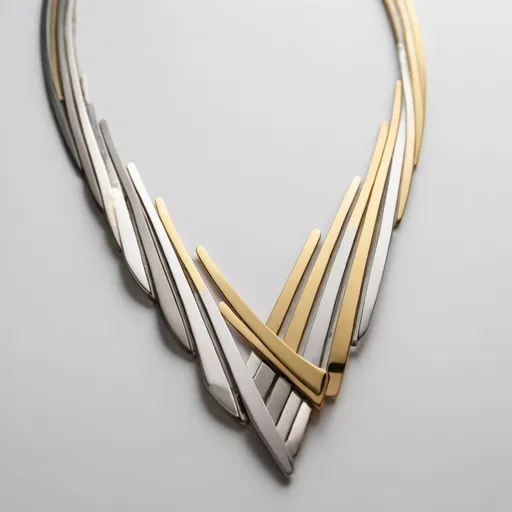 Prompt: a simple necklace made from small straight strips of precious metal some gold some silver in a wavy pattern