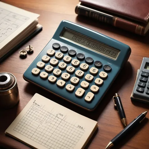 Prompt: 1950s calculator next to android phone and filofax