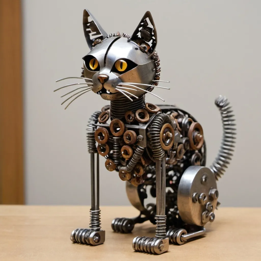 Prompt: a cat made from scrap metal and nuts and bolts