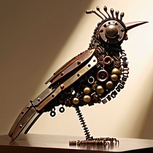 Prompt: a bird made from nuts and bolts and other metal items from the shed