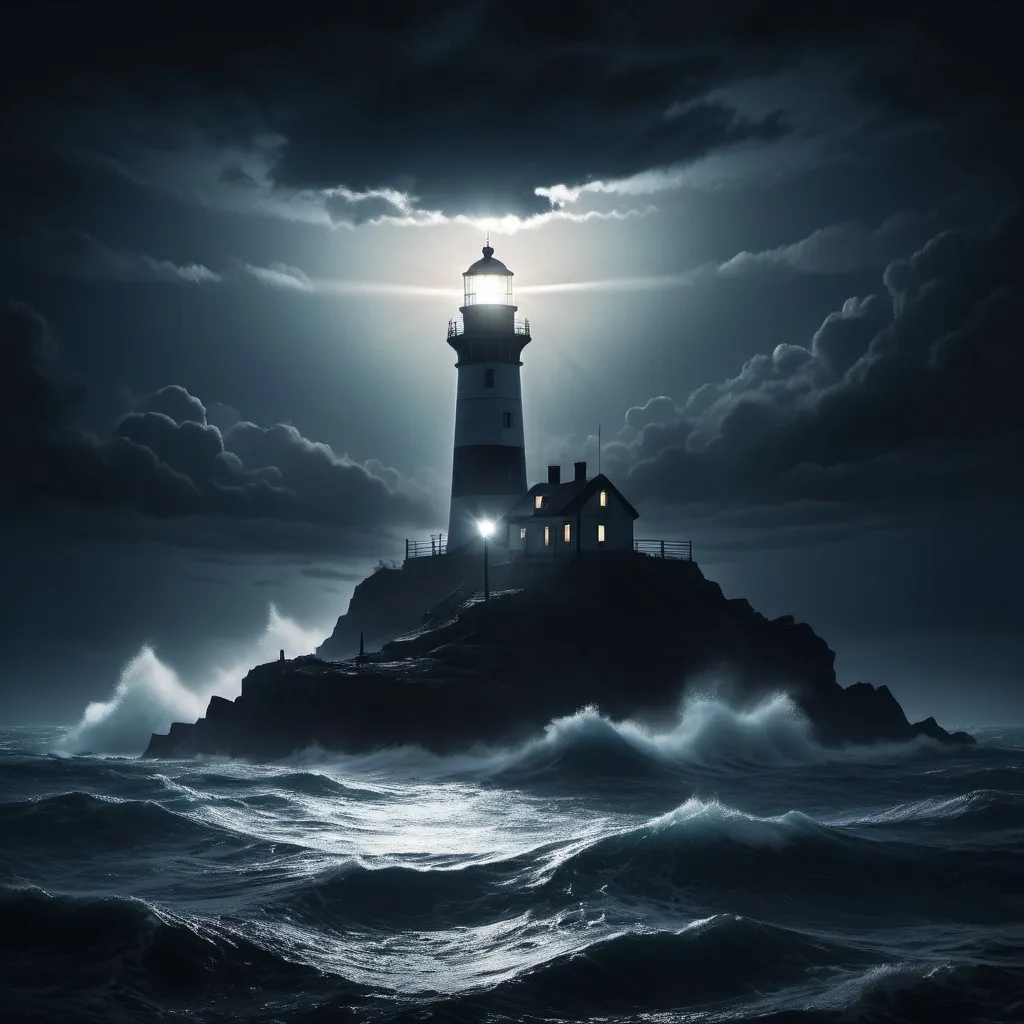 Prompt: a lighthouse on an island, the seas are choppy at night, broken cloud with some stars but misty are the light. siloute of distant ship. atmospheric