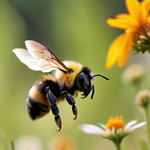 Prompt: a bumble bee hovering over a wild flower, close up, meadow behind blurred