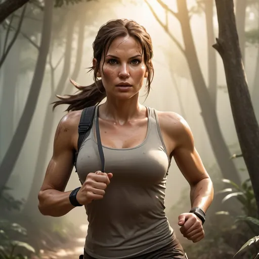 Prompt: (determined Lara Croft jogging), early morning light, (soft warm hues) illuminating the scene, tranquil atmosphere, gentle light filtering through trees, detailed athletic wear, energized pose, low angle view, reflecting serene journey, (ultra-detailed) and realistic texture, impression of serene focus and determination, (vibrant nature) in the surrounding background, high quality, (cinematic) aesthetics.