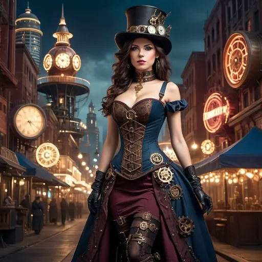 Prompt: A beautiful brunette steampunk lady, in a full-length corset dress and top hat, standing in a dimly lit, steampunk city. The dress is embellished with gears, cogs, and brass accents. The background is filled with towering buildings, airships, and neon lights. Cinematic lighting, highly detailed, steampunk aesthetic; colors: dark blue, burgundy, gold; Expression: determined, mysterious, or alluring
Art style: concept art, cinematic, or hyperrealistic