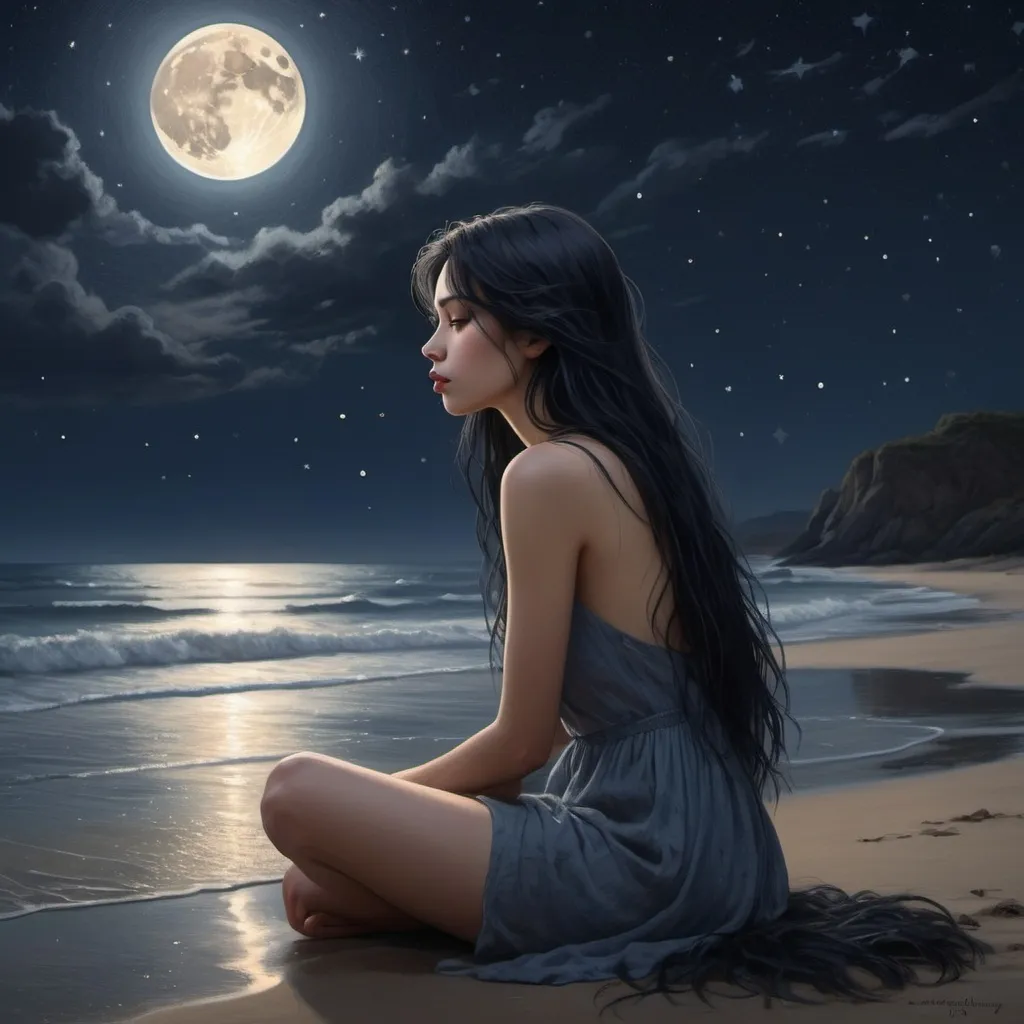 Prompt: young woman with long, raven-black hair and a swooping fringe sits contemplatively on the moonlit beach, her slender figure silhouetted against the star-studded night sky. The atmosphere is mystical and eerie, with soft, muted colors that evoke a sense of realism. Her skin has a warm, golden undertone. . Her eyes, though gazing downward, seem lost in thought, and her full lips are pressed together in quiet introspection. The surrounding environment is dimly lit, with only the faint glow of the stars illuminating the dark blues and purples of the night sky. The image is rendered in exquisite high-quality detail, with precise texture and subtle shading that invites the viewer to step into the peaceful, dreamlike scene