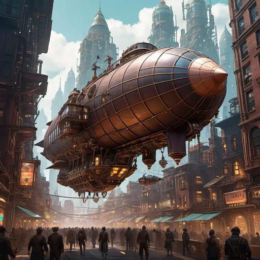 Prompt:  A steampunk airship soaring over a cyberpunk city, with gears and cogs visible through the transparent hull. The city is lit by neon lights and towering skyscrapers, and flying cars zip through the crowded streets. The airship is filled with inventors and adventurers, dressed in leather and goggles.
