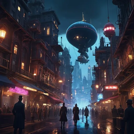 Prompt: Night city is filled with towering buildings, airships, and neon lights.  People . Cinematic lighting, highly detailed, steampunk aesthetic; colors: dark blue, burgundy, gold; Expression: determined, mysterious, or alluring
Art style: concept art, cinematic, or hyperrealistic