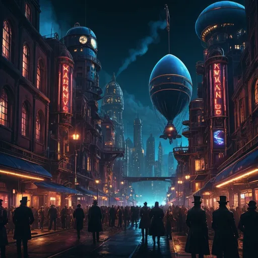 Prompt: Night city is filled with towering buildings, airships, and neon lights.  People . Dinamic . Cinematic lighting, highly detailed, steampunk aesthetic; colors: dark blue, burgundy, gold; Expression: determined, mysterious, or alluring
Art style: concept art, cinematic, or hyperrealistic