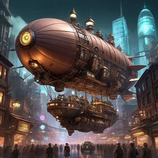 Prompt:  A steampunk airship soaring over a cyberpunk city, with gears and cogs visible through the transparent hull. The city is lit by neon lights and towering skyscrapers, and flying cars zip through the crowded streets. The airship is filled with inventors and adventurers, dressed in leather and goggles.
