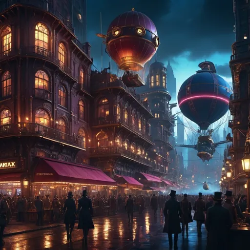 Prompt: Night city is filled with towering buildings, airships, and neon lights.  People . Cinematic lighting, highly detailed, steampunk aesthetic; colors: dark blue, burgundy, gold; Expression: determined, mysterious, or alluring
Art style: concept art, cinematic, or hyperrealistic