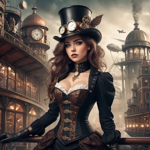 Prompt: steampunk beauty. She is wearing a Victorian-inspired gown with a metal corset and a top hat. The background is a bustling steampunk metropolis with airships and towering buildings. Focus on the intricate details of her outfit and the atmosphere of the scene. Digital art, steampunk, dark academia.