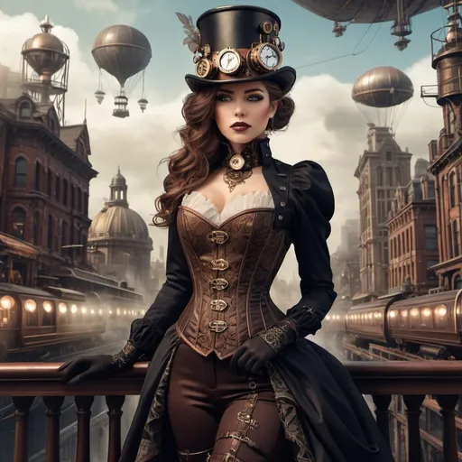 Prompt: steampunk beauty. She is wearing a Victorian-inspired gown with a metal corset and a top hat. The background is a bustling steampunk metropolis with airships and towering buildings. Focus on the intricate details of her outfit and the atmosphere of the scene. Digital art, steampunk, dark academia.