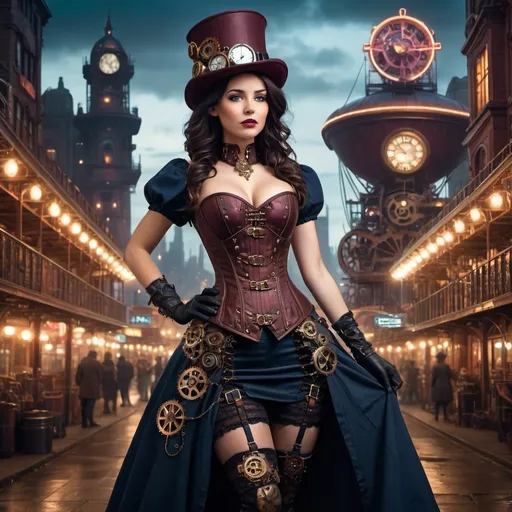 Prompt: A beautiful brunette steampunk lady, in a full-length corset dress and top hat, standing in a dimly lit, steampunk city. The dress is embellished with gears, cogs, and brass accents. The background is filled with towering buildings, airships, and neon lights. Cinematic lighting, highly detailed, steampunk aesthetic; colors: dark blue, burgundy, gold; Expression: determined, mysterious, or alluring
Art style: concept art, cinematic, or hyperrealistic