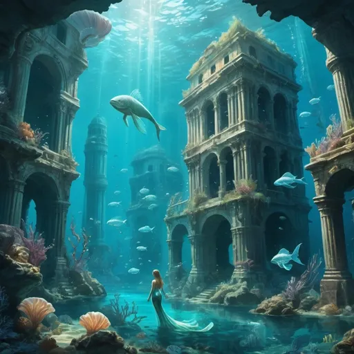 Prompt: An underwater metropolis teeming with bioluminescent life. Merpeople in elegant, shell-adorned clothing navigate through crystal-clear waters. Giant, aquatic creatures glide gracefully past ancient, underwater ruins.
 