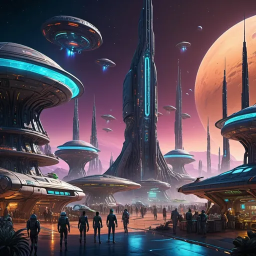 Prompt: A bustling spaceport on a distant planet, with alien traders haggling over exotic goods. Spaceships of all shapes and sizes fill the sky, and colorful, bioluminescent plants illuminate the landing pads.
