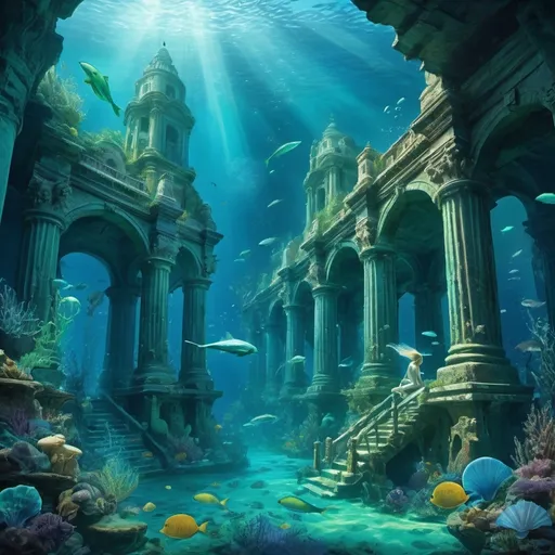 Prompt: An underwater metropolis teeming with bioluminescent life. Merpeople in elegant, shell-adorned clothing navigate through crystal-clear waters. Giant, aquatic creatures glide gracefully past ancient, underwater ruins.
 