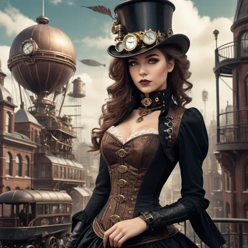 Prompt: steampunk beauty. She is wearing a Victorian-inspired gown with a metal corset and a top hat. The background is a bustling steampunk metropolis with airships and towering buildings. Focus on the intricate details of her outfit and the atmosphere of the scene. Digital art, steampunk, dark academia.