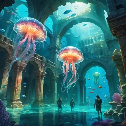 Prompt: An ancient, underwater city, lost to time. Giant, translucent jellyfish illuminate the ruins, and schools of colorful fish swim through the archways. Merfolk in ornate armor guard the city's treasures.