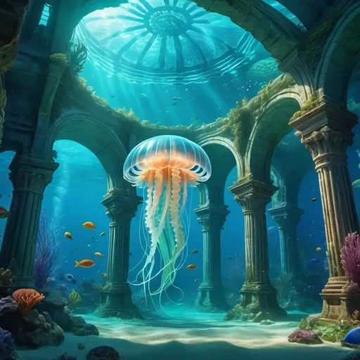 Prompt: An ancient, underwater city, lost to time. Giant, translucent jellyfish illuminate the ruins, and schools of colorful fish swim through the archways. Merfolk in ornate armor guard the city's treasures.