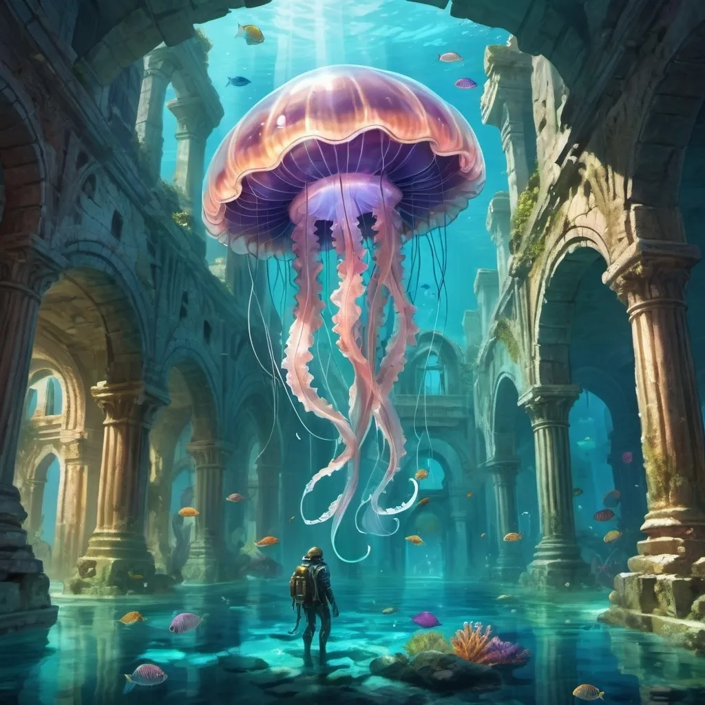 Prompt: An ancient, underwater city, lost to time. Giant, translucent jellyfish illuminate the ruins, and schools of colorful fish swim through the archways. Merfolk in ornate armor guard the city's treasures.