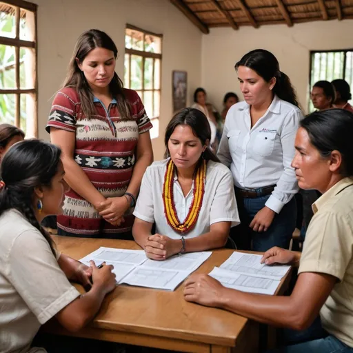 Prompt: Realistic image of an indigenous population group being attended by a brunette public official woman in a cosy and confortable citizen service center in Colombia