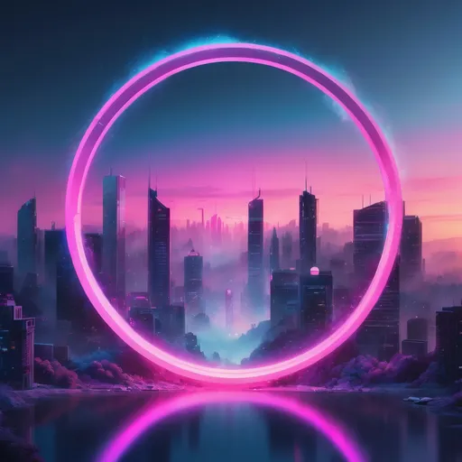 Prompt: A centered circular portal floating in a twilight sky, with a glowing surreal neon city inside. Cinematic light and mist, soft blues and pinks, digital particles around the edges, dreamy mood, high clarity, no clutter. Designed for TikTok profile picture — clear, balanced, and iconic at small size. 1:1 aspect ratio, minimal elements, centered composition, aesthetic branding feel