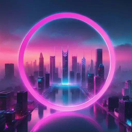 Prompt: A centered circular portal floating in a twilight sky, with a glowing surreal neon city inside. Cinematic light and mist, soft blues and pinks, digital particles around the edges, dreamy mood, high clarity, no clutter. Designed for TikTok profile picture — clear, balanced, and iconic at small size. 1:1 aspect ratio, minimal elements, centered composition, aesthetic branding feel