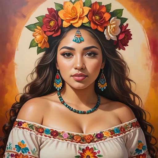 Prompt: Latina goddess with light skin, curvy figure, Mexican American, beautiful, realistic painting, traditional dress with vibrant colors, floral crown, warm and earthy color tones, soft natural lighting,