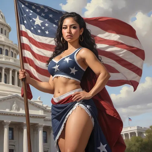 Prompt: full body portrait of Latina goddess with light skin, fit and thick figure, Mexican American, realistic painting, soft natural lighting, high quality, realistic, detailed, civil war, military clothes, flag bearer, Flag over capitol, War, 