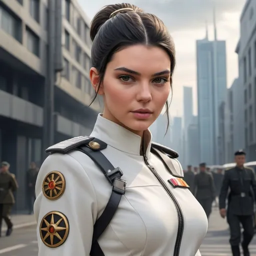 Prompt: full body portrait of Kendall Jenner wearing a modern military german ceremonial uniform, hair in bun, science fiction, strong and fit figure, realistic war painting, soft natural lighting, high quality, realistic, detailed, government, scifi, futuristic, large populated beautiful clean futuristic city in backdrop,