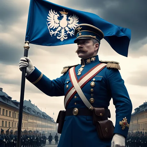 Prompt: Military dictator over town holding blue fictional prussian flag in one hand and a saber in the other, tsar, dictator, (8k), (UHD), upscale imagery, ultra-detailed, high-quality visuals, vibrant colors, dramatic lighting, rich tones, immersive depth, dynamic composition, crisp resolution, epic landscapes or objects, cutting-edge aesthetics, a perfect blend of sophisticated design and refined artistry, visually striking, captivating viewers, showcase of creative potential, mesmerizing details.