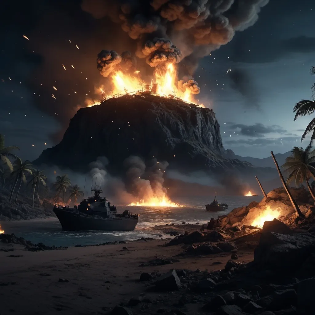 Prompt: (realistic island at night), stars in the sky, search lights sweeping the area, bullet tracers illuminating the darkness, war-torn landscape, thick smoke, fires lighting up the scenery, flaming wreckage, deep shadows, dark and moody atmosphere, intense and dramatic, high contrast lighting, photorealistic, ultra-detailed, 4K, cinematic, epic war scene background. high elevation,