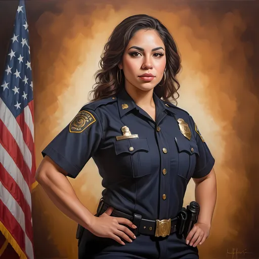 Prompt: full body portrait of Latina goddess with light skin, fit and thick figure, Mexican American, realistic painting, police uniform, warm earthy tones, soft natural lighting, high quality, realistic, modern, detailed, department portrait