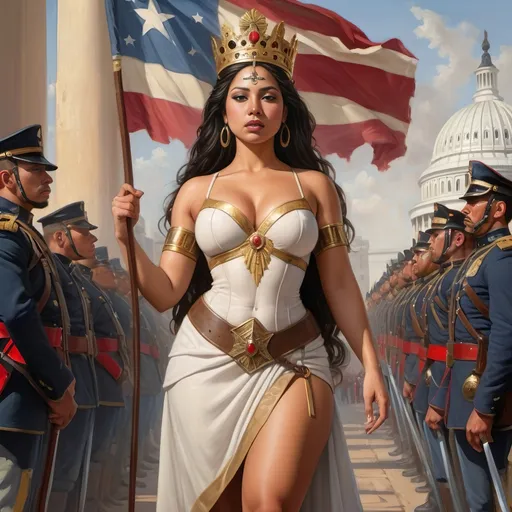 Prompt: full body portrait of Latina goddess queen with light skin, fit and thick figure, realistic painting, soft natural lighting, high quality, realistic, detailed, civil war, flag bearer, capitol, War torn, fictional nation, soldiers standing at attention, saluting, modern