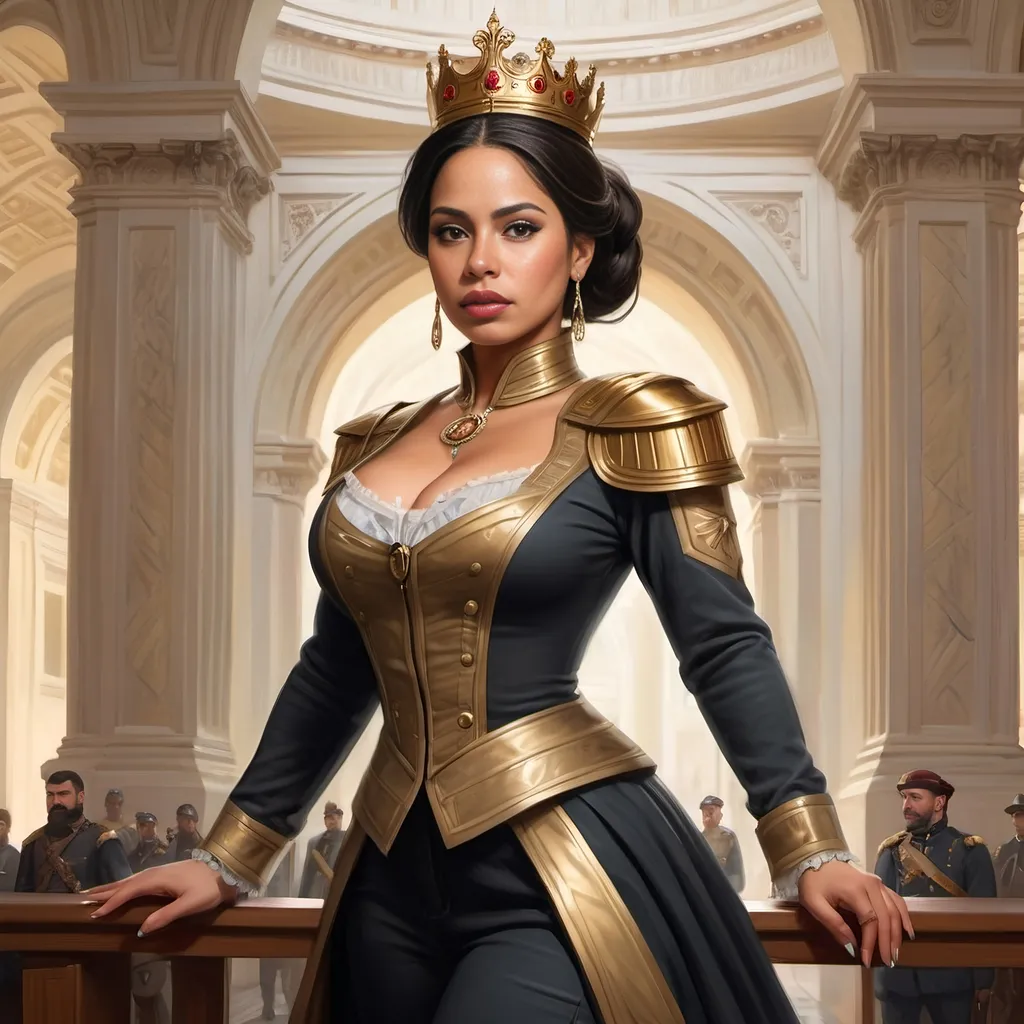 Prompt: full body portrait of Latina Queen with light skin, fit and thick figure, realistic painting, soft natural lighting, high quality, realistic, detailed, civil war, military clothes, capitol building, War, Soldiers saluting