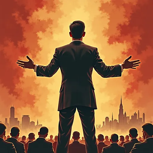 Prompt: Dystopian, poster, 50s, concept art, handsome black hair buisness man standing on stage holding arms out with "United States Constitution" above head, and US cold war propaganda