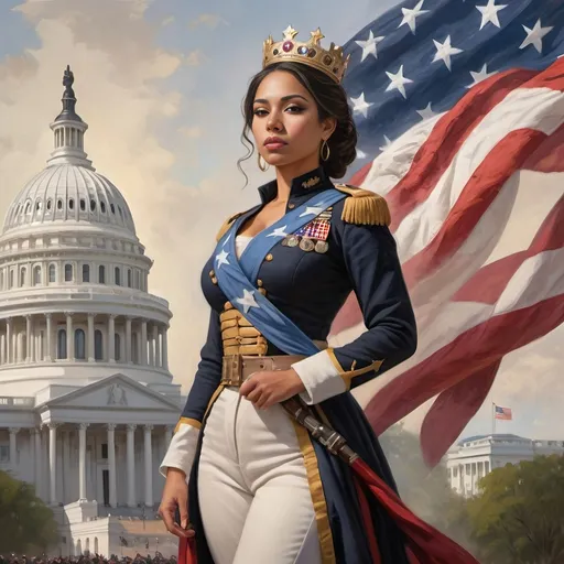 Prompt: full body portrait of Latina Queen with light skin, fit and thick figure, realistic painting, soft natural lighting, high quality, realistic, detailed, civil war, military clothes, flag bearer, Flag over capitol, War, 
