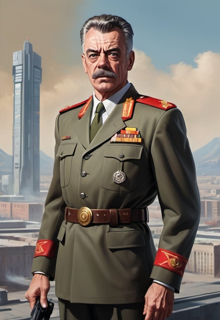 Prompt: full body portrait of J. Jonah Jameson wearing a modern military soviet ceremonial uniform, science fiction, strong and fit figure, realistic war painting, soft natural lighting, high quality, realistic, detailed, government, scifi, futuristic, large populated beautiful clean futuristic city in backdrop,