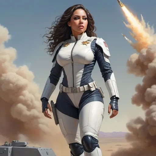 Prompt: full body portrait of Latina goddess futuristic military commander with light skin, fit and thick figure, hair professional realistic war painting, soft natural lighting, high quality, realistic, podium, detailed, civil war, government, war, scifi, futuristic, fully clothed