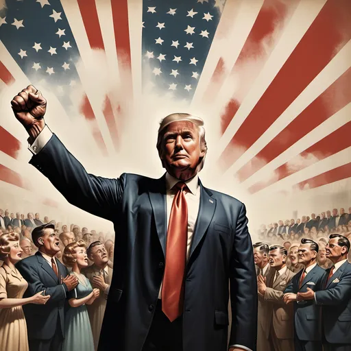 Prompt: Dystopian, poster, 50s, concept art, donald trump standing on stage holding arms out with fist surrounded by people clapping, "United States Constitution" above head, and US cold war propaganda