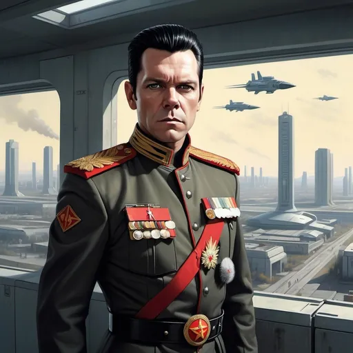 Prompt: full body portrait of Richard Kruspe, slicked back hair wearing a modern military soviet ceremonial uniform, science fiction, strong and fit figure, realistic war painting, soft natural lighting, high quality, realistic, detailed, government, scifi, futuristic, large populated beautiful clean futuristic city in backdrop,