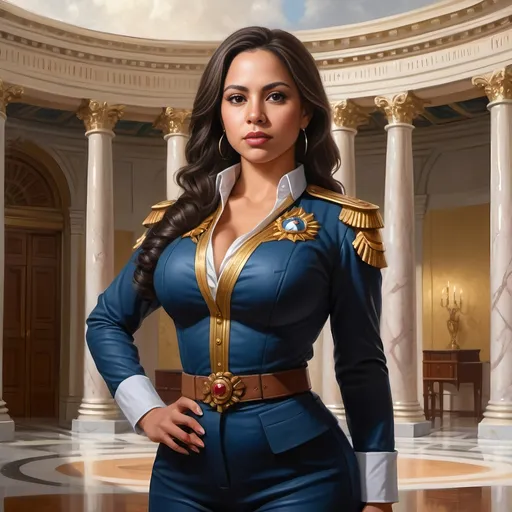 Prompt: full body portrait of Latina goddess president with light skin, fit and thick figure, realistic painting, soft natural lighting, high quality, realistic, detailed, civil war, military clothes, capitol building, war