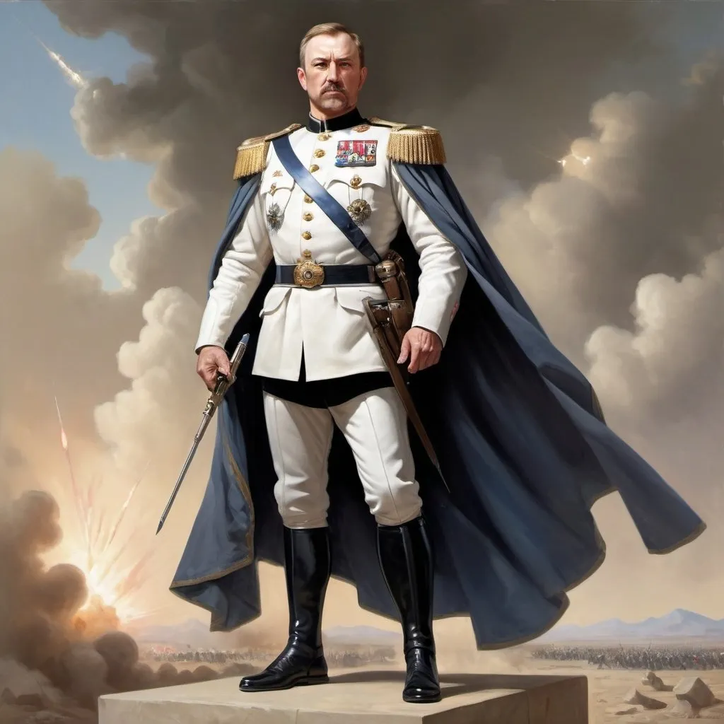 Prompt: full body portrait of powerful caucasian man, middle aged, battle hardened, supreme ruler with light skin, tall and fit figure, realistic war painting, soft natural lighting, high quality, realistic, podium, detailed, civil war, government, war, scifi, futuristic,