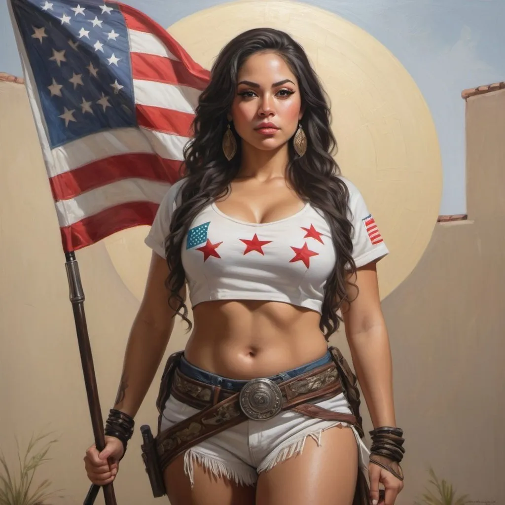 Prompt: full body portrait of Latina goddess with light skin, fit and thick figure, Mexican American, realistic painting, soft natural lighting, high quality, realistic, modern, detailed, militia clothes, holding staff with the American Flag attached to it