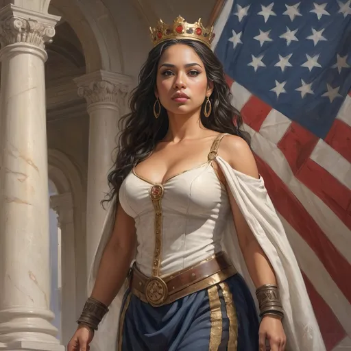 Prompt: full body portrait of Latina goddess with light skin, fit and thick figure, realistic painting, soft natural lighting, high quality, realistic, detailed, civil war, queen clothes, flag bearer, capitol, War torn, fictional nation