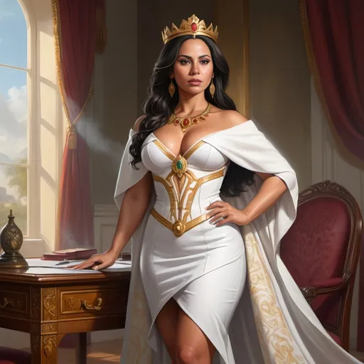 Prompt: full body portrait of Latina goddess president with light skin, fit and thick figure, realistic war painting, soft natural lighting, high quality, realistic, detailed, civil war, government, war