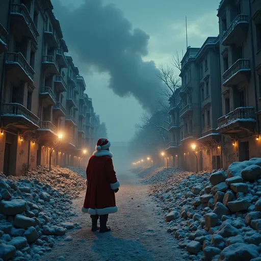 Prompt: (dramatic scene of the Battle of Berlin) reimagined during (Christmas), featuring (Santa Claus) amidst the ruins, delicate (snowfall), crumbling buildings, smoky skies, illuminated by flickering lights, somber yet surreal ambiance, (realistic depiction), vibrant colors contrasting with dark shadows, intense emotions of conflict, haunting memories of war, capturing a moment of contrast and resilience, (nighttime scene), 4K, ultra-detailed.