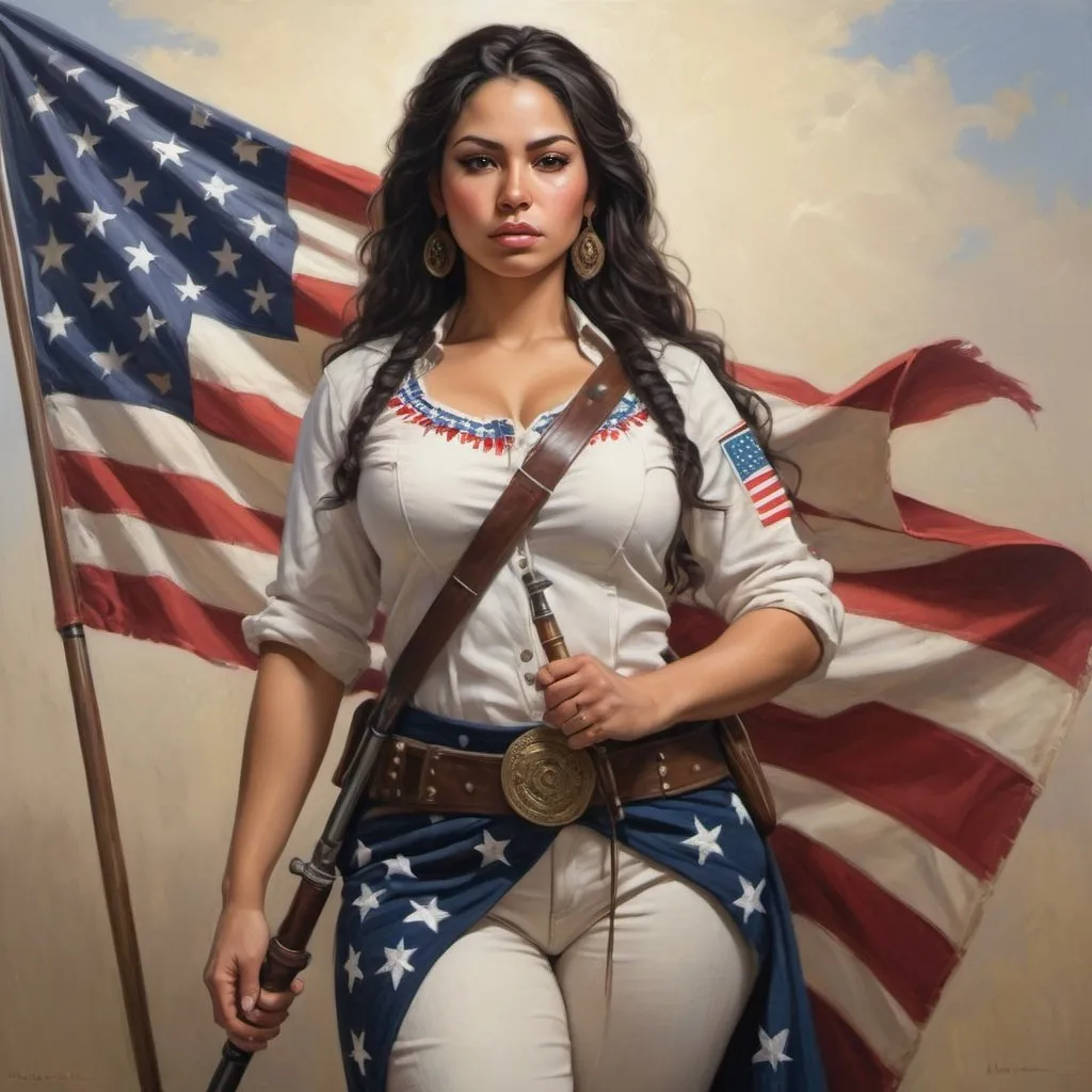 Prompt: full body portrait of Latina goddess with light skin, fit and thick figure, Mexican American, realistic painting, soft natural lighting, high quality, realistic, civil war, detailed, military clothes, holding staff with U.S. Flag attached to it