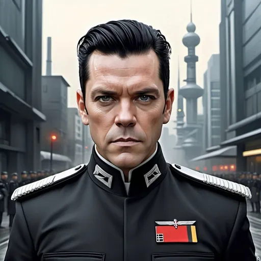 Prompt: full body portrait of Richard Kruspe, slicked back hair wearing a modern military german black ceremonial uniform, science fiction, strong and fit figure, realistic war painting, soft natural lighting, high quality, realistic, detailed, government, scifi, futuristic, large populated beautiful clean futuristic city in backdrop,