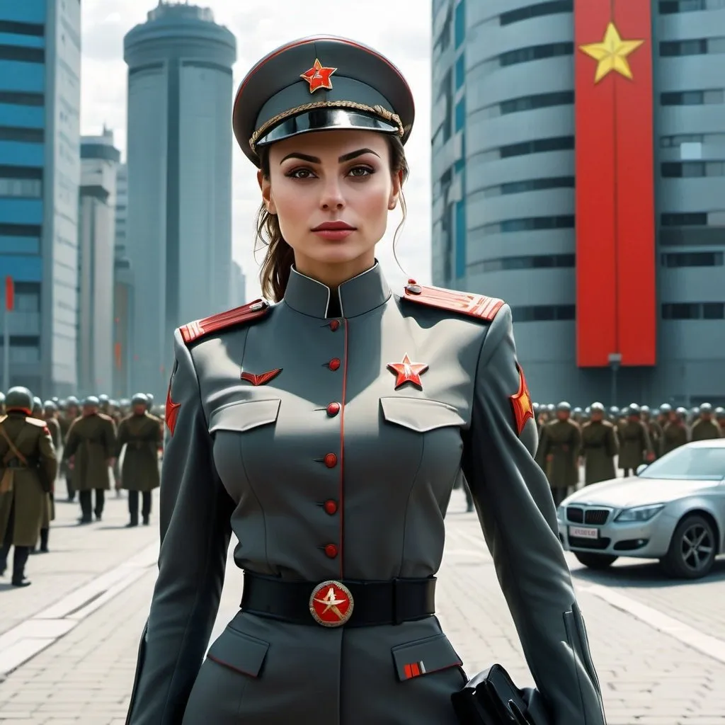 Prompt: full body portrait of Erica Cerra wearing a modern military soviet ceremonial uniform, science fiction, strong and fit figure, realistic war painting, soft natural lighting, high quality, realistic, detailed, government, scifi, futuristic, large populated beautiful clean futuristic city in backdrop,